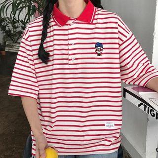Embroidered Striped Long Sleeve Polo Shirt