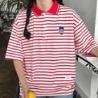 Embroidered Striped Long Sleeve Polo Shirt