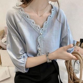 Elbow-sleeve Crochet Trim Blouse