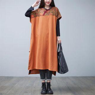 Short-sleeve Frog-button Midi A-line Dress Tangerine - One Size