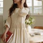 3/4-sleeve Crystal-pleat Long Flare Dress