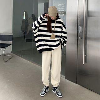 Striped Oversize Knit Sweater + Drawstring Straight-leg Pants
