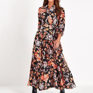 Elbow-sleeve Floral Print Midi A-line Shirtdress