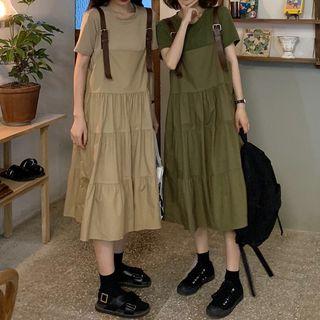 Short-sleeve Plain T-shirt / Belted Tiered Midi Jumper Dress