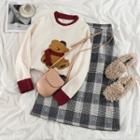 Bear Embroidered Sweater / Plaid Midi A-line Skirt