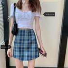 Plaid Asymmetrical Mini Pencil Skirt / Short-sleeve Bow Detail Cropped T-shirt
