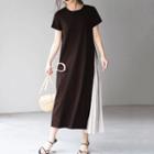 Short-sleeve Accordion Pleat Panel Midi A-line Dress Black - One Size