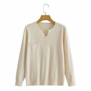 Split-neck Knit Top Beige Almond - One Size