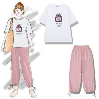 Elbow-sleeve Print T-shirt / Harem Pants