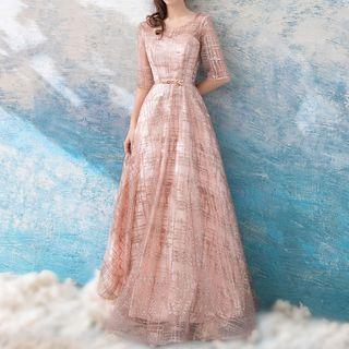 Glittered Elbow Sleeve Evening Gown