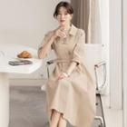 Belted Puff-sleeve Flared Midi Shirtdress