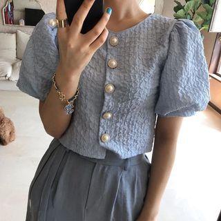 Lantern-sleeve Shirred Blouse Blue - One Size