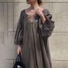Puff-sleeve Plain A-line Dress Dark Brown - One Size