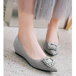Faux Suede Buckled Pointed-toe Wedges