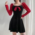 Long-sleeve Bow-front Mini A-line Dress
