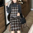 Set: Long Sleeve Mock Neck Top + Plaid Pinafore Dress As Shown In Figure - One Size