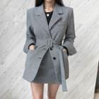Set: Houndstooth Longline Blazer + A-line Miniskirt + Belt