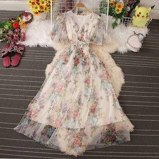 Elbow-sleeve Floral Mesh Maxi A-line Dress