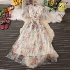 Elbow-sleeve Floral Mesh Maxi A-line Dress