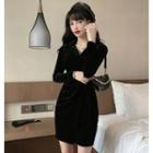 Long-sleeve V Neck Mini Sheath Velvet Dress