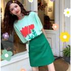 Flower Print Elbow-sleeve T-shirt / Mini H-line Skirt