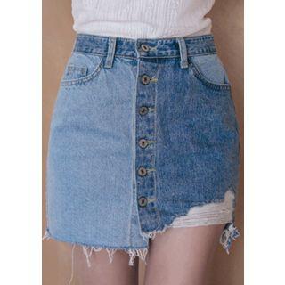 Buttoned Distressed Two-tone Denim Mini Skirt