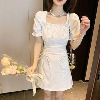 Puff-sleeve Shirred Drawstring A-line Dress