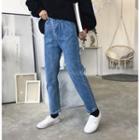 Elastic Waist Washed Cropped Jeans