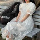Short-sleeve Mesh Floral Dress White - One Size