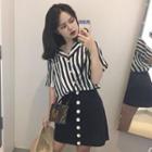 Striped Short-sleeve Shirt / Buttoned A-line Skirt
