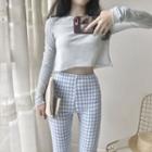 Plain Long-sleeve Cropped Top / Check Slim-fit Cropped Pants