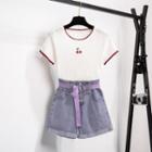 Short-sleeve Cherry Print Knit Top / High-waist Denim Shorts / Set