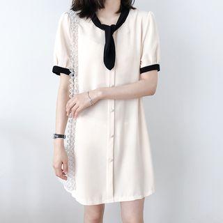 Contrast Trim Tie-neck Short-sleeve Dress
