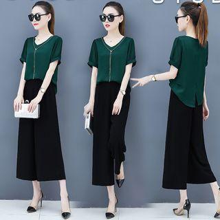 Set: Cropped Wide-leg Pants + Short-sleeve Top