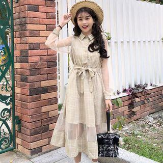 Mesh Panel Check Long-sleeve A-line Dress