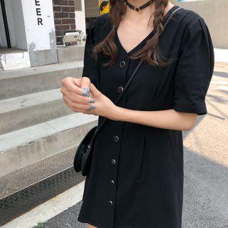 Puff-sleeve Gathered-waist Dress Black - One Size