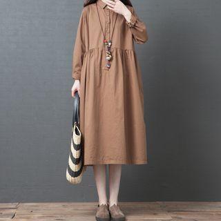 Long-sleeve Plain Midi A-line Shirt Dress