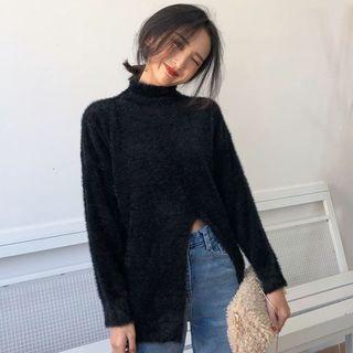 Plain Mock Neck Furry Long Sleeve Knit Top