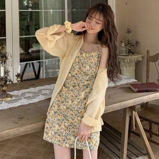 Spaghetti Strap Floral Print Mini Dress / Balloon-sleeve Shirt