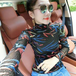 Long-sleeve Mock Neck Print Glitter Top