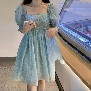 Puff-sleeve Square Neck Floral Mini A-line Dress Floral - Blue - One Size