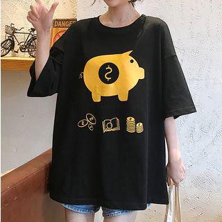 Elbow-sleeve Piggy Bank Print T-shirt