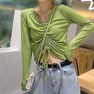 Drawstring Strap V-neck Long-sleeve Top
