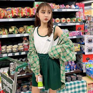 Contrast Trim Tank Top / High Waist Shorts / Plaid Shirt / Set