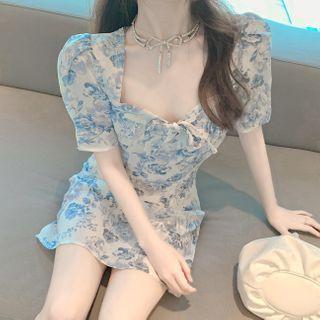 Floral Bow Short-sleeve Mini A-line Dress