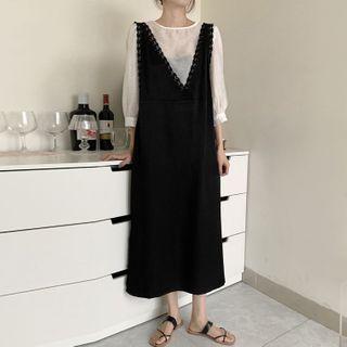 Elbow-sleeve Top / Sleeveless Midi A-line Dress