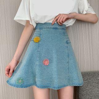 Flower Applique Mini A-line Denim Skirt