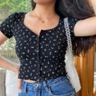 Floral Short-sleeve Button-up Cropped T-shirt