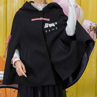 Ear-accent Hood Cat Print Cape Jacket Black - One Size