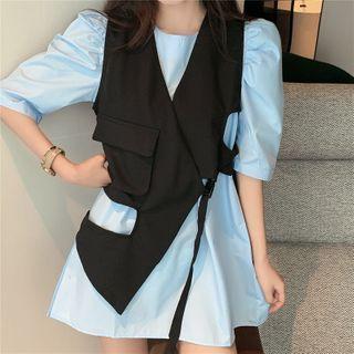 Irregular V-neck Vest / Puff-sleeve Dress